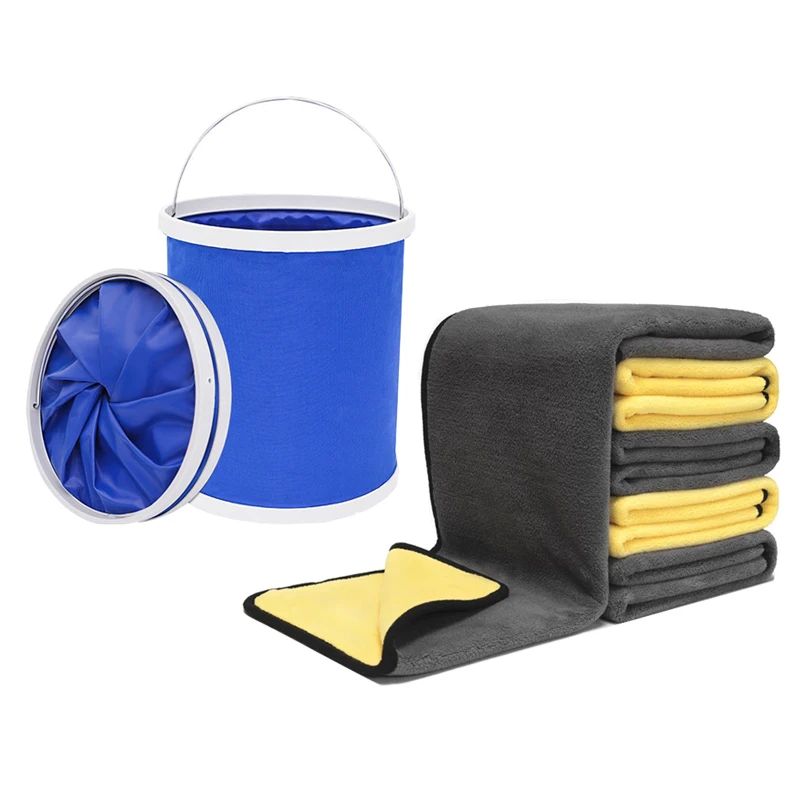 

NEW Car Wash Microfiber Towel Thicken Double Layer Soft Drying Cloth Detailing Portable Outdoor Folding Bucket Cleaning Tool Set