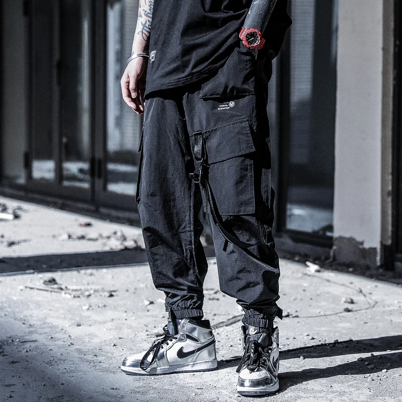

Hop Hip Cargo Pants Men Joggers Trousers Elastic Waist Rock Ribbon Streetwear Male Black Pants WX014