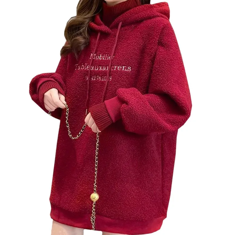

Толстовка ZuoLunOuBa женская зимняя, Модный Длинный свитшот с вязаным воротником и надписью, пуловер винного цвета с вышивкой