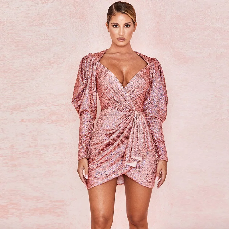 Розовое модное расшитое блестками платье с запахом новинка 2019 сексуальный