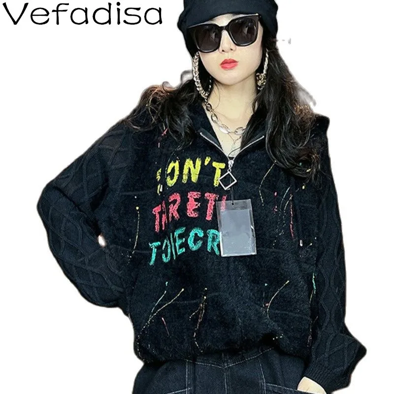 

Vefadisa Fashion Letter Print Women Sweater 2021 Autumn Winter Patchwork Knitted Coat Hooded Cardigan Knitwear Black QYF6444