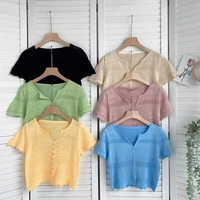 women knitted cropped cardigan sweaters female short sweater v neck loose hollow short sleeve knitwear summer solid shawl jacket