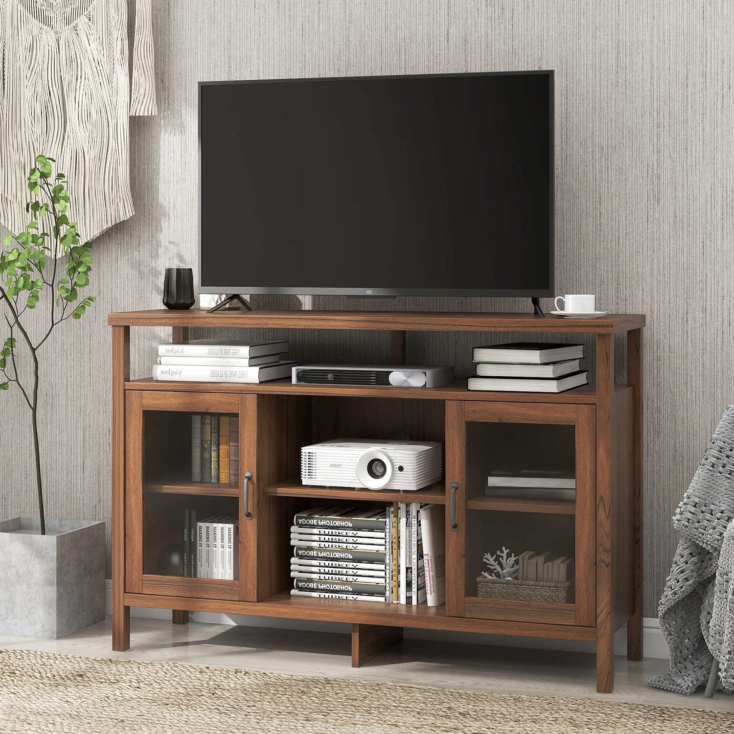 

Tall Wood Universal TV Stand with Open Storage for TV's up to 59" Flat Screen Living Room Storage Entertainment Center Brown