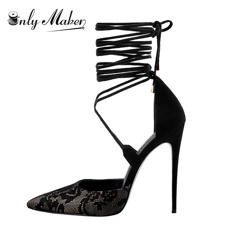 Женские туфли лодочки Onlymaker на высоком каблуке 12 см с острым носком кружевные