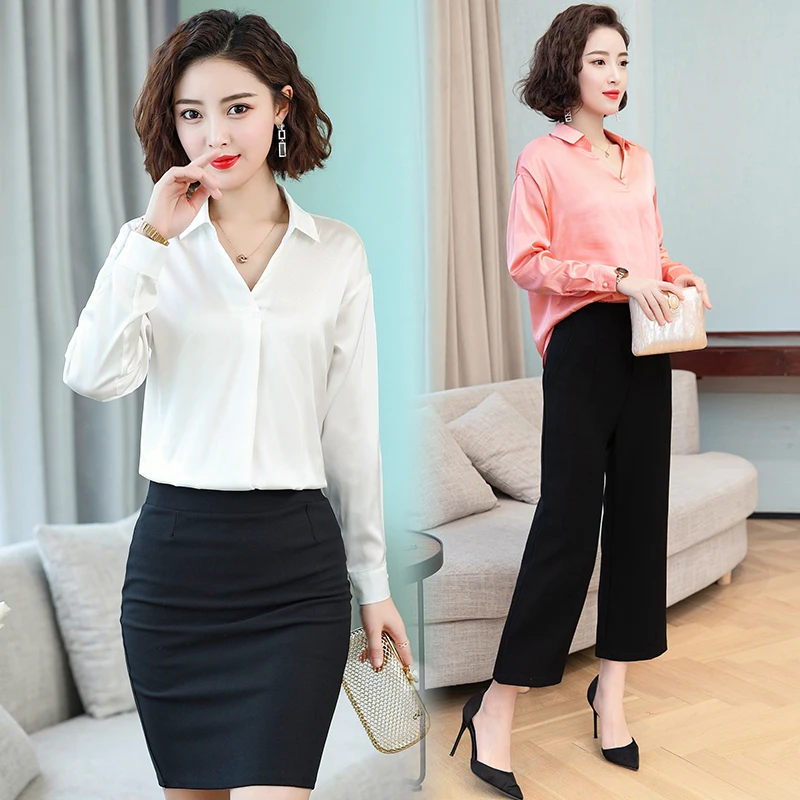 Весенние корейские модные шелковые женские блузки атласные однотонные Женские