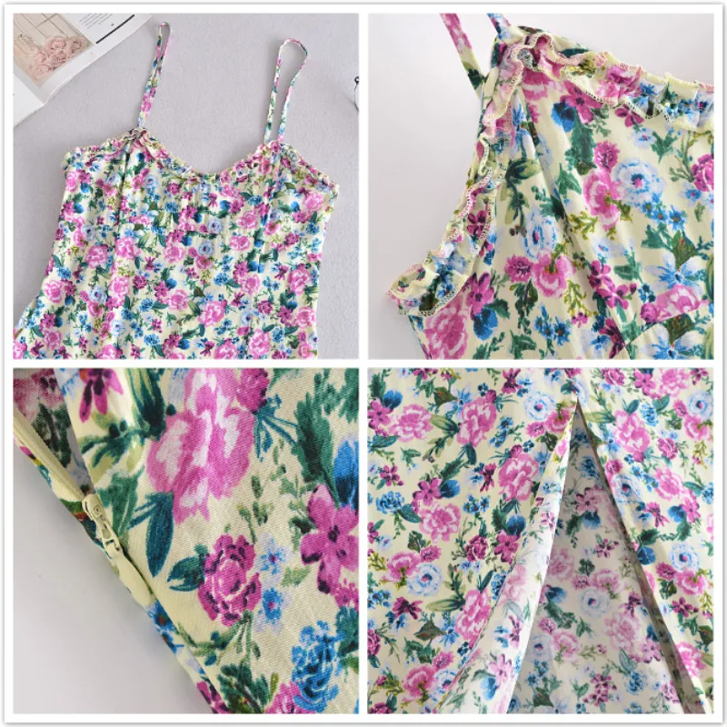 

FORERUN Summer Floral Long Dresses Women V Neck Bohemian Dresses Sleeveless Spaghetti Strap Side Split A Line Longue Robe Femme