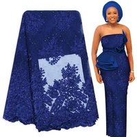 royal blue beaded african french lace fabric tull net nigerian embroidery swiss lace fabric with rinestone thin lace dress women