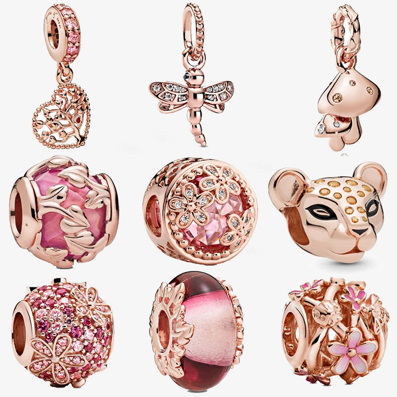 Hot 925 Sterling Silver Pink Rose-golden Sparkling Flower Pavé Leaf Charm Beads fit Original Pandora Bracelets Women Jewelry | Украшения и