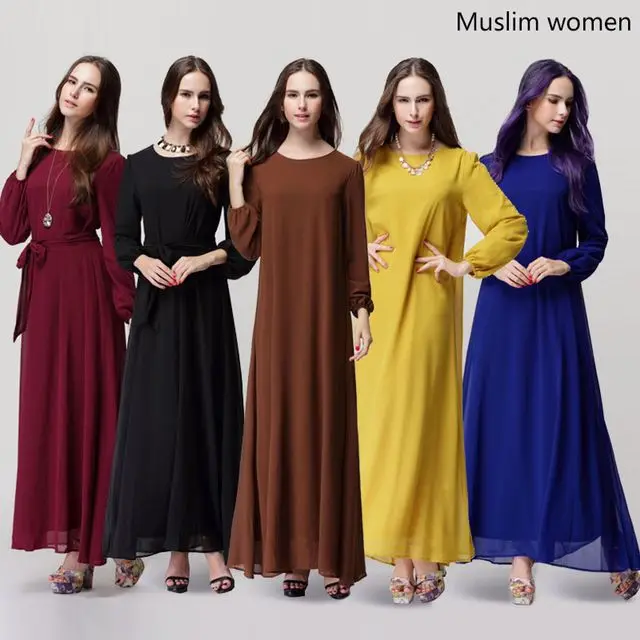 

New Fashion Women Muslim Dress Long Sleeve Dubai Dress Maxi Abaya Jalabiya Islamic Chiffon Robe Kaftan Moroccan Female Dresses