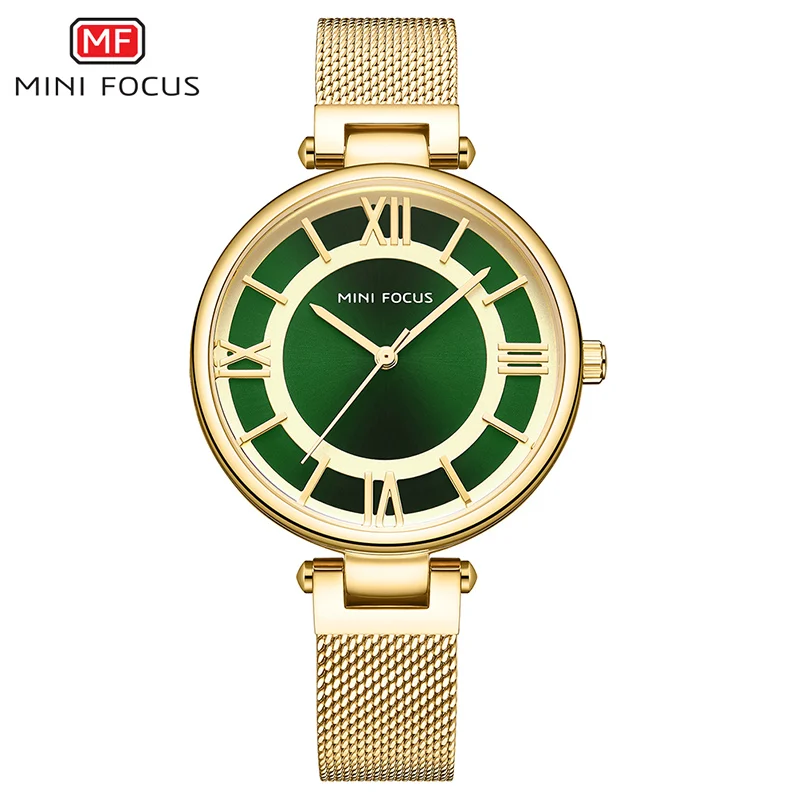 GOLD GREEN MINIFOCUS Роскошные брендовые Золотые женские часы водонепроницаемые ультратонкие кварцевые часы с сетчатым ремешком простой дизайн, классические женские часы под платье - Цвет: GOLD GREEN