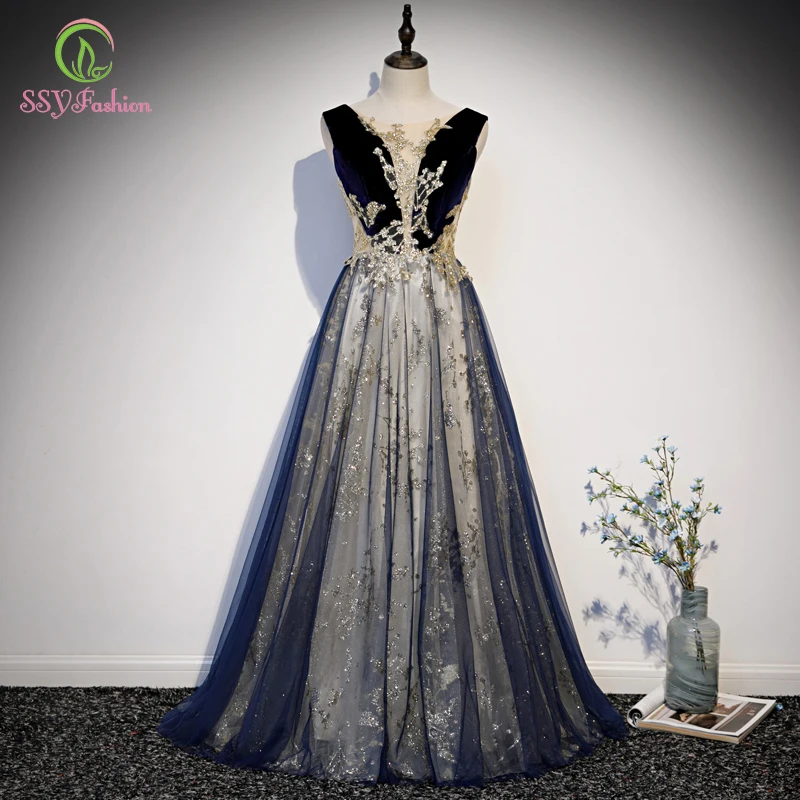 

Женское банкетное платье SSYFashion, элегантное темно-синее длинное бальное платье без рукавов, с глубоким круглым вырезом и блестками, бальное ...
