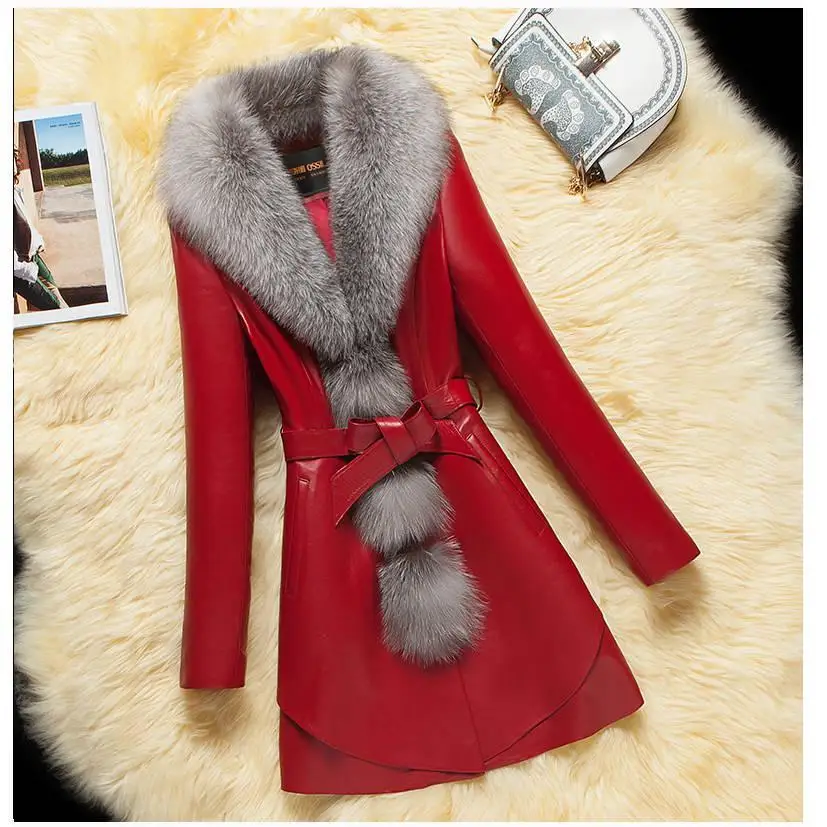 

2021 Winter New Women Leather Long Coat Faux Fox Fur Collar Females Furry Warm Loose Coat Ladies Belt Slim Overcoat