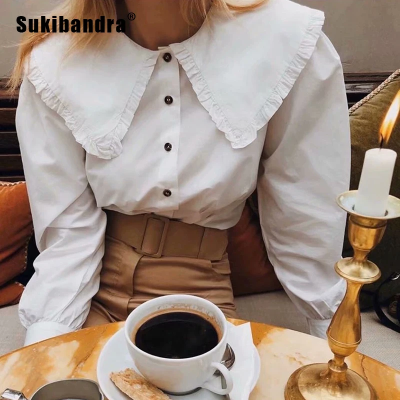 Sukibandra 2021 Весенняя винтажная белая рубашка блузка для женщин с длинными рукавами