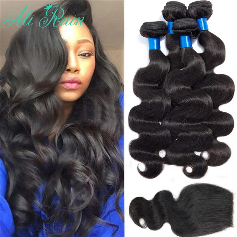 Бразильские виргинские волосы 4 пряди с закрытием объемная волна Бесплатная