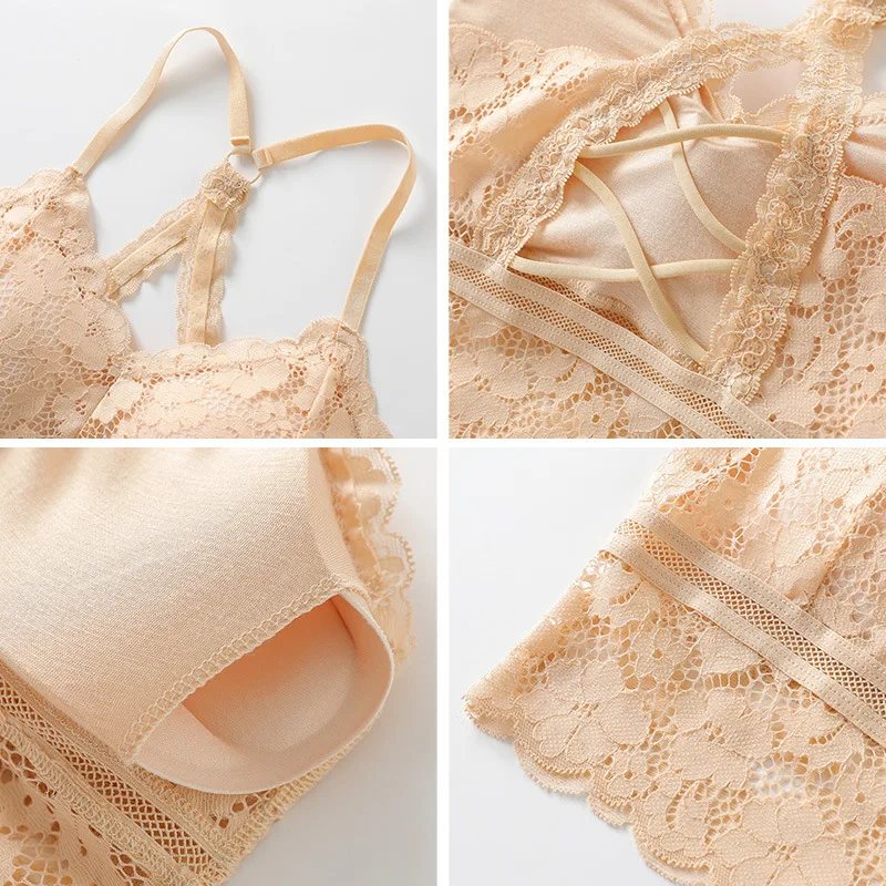 

2PCS Women Hollow Out Bralette Solid Color Lace Underwear Sexy Female Add Pad Wireless Bra Seamless Lingerie