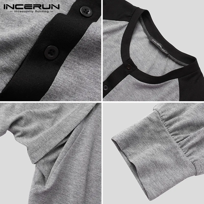 

INCERUN Men Pajamas Jumpsuits Patchwork Long Sleeve Round Neck Comfortable Rompers Homewear Leisure Men Overalls Sleepwear S-5XL