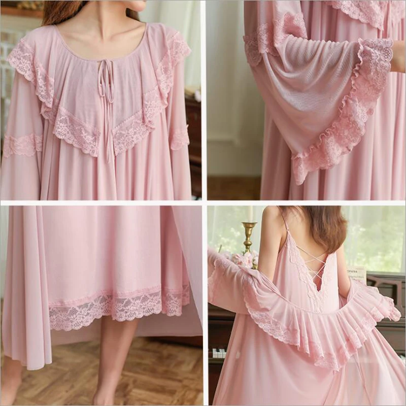 

Women Sexy Two-Pieces Modal Night Robe Sexy Spaghetti Strap Night Dress Fashion Ruffles Lace Collar Big Flare Sleeve Gauze Robe