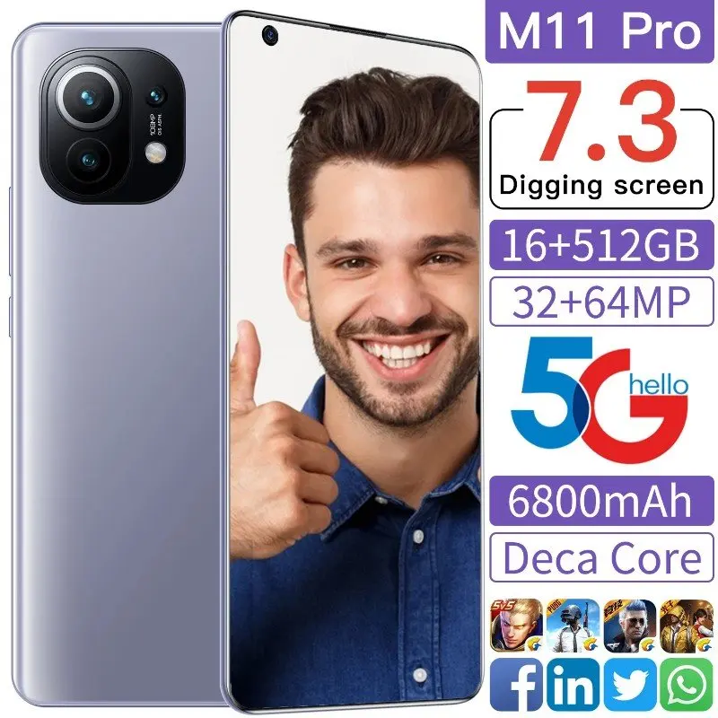 

Global Sales 7.3 Inch M11 Pro Game Smartphone 16GB RAM 512GB ROM 6800mAh Mobile Phone Finger Print Unlock Deca Core 32MP 64MP