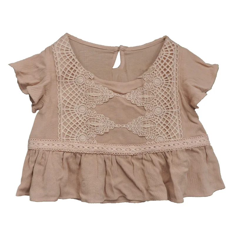 

Summer Girl Short Sleeve T-shirt Round Neck Pure Color European and American Retro Girl Shirt Sweet Lace Girl Top Cotton Top