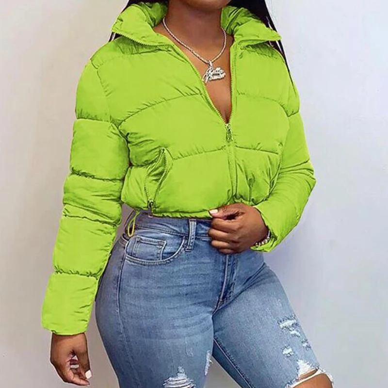 

Women Winter Long Sleeve Puffer Jacket Zip Up Solid Color Cropped Bubble Coat Drawstring Hem Quilted Parkas with Pockets