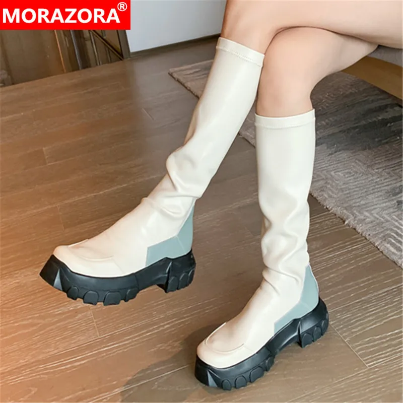 Женские сапоги из натуральной кожи MORAZORA черные до колена на толстом каблуке с