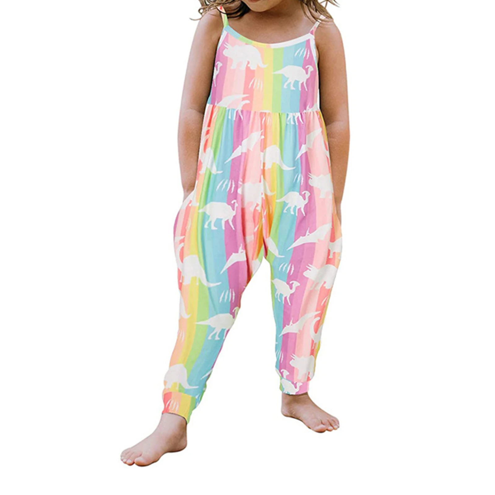 

Baby Girl Cute Cartoon Printed Romper Jumpsuit Sleeveless One Piece Outfits Kids Girls Long Pants Overalls Summer Clothes 1-8Y
