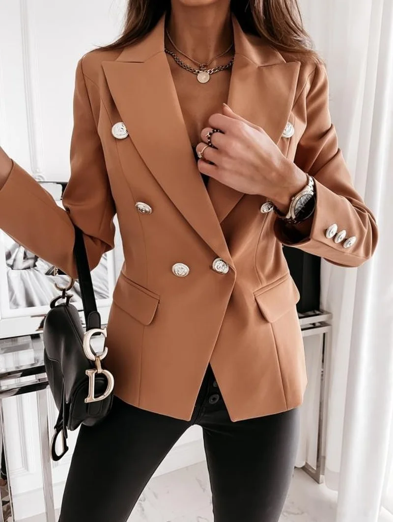 

Winter Fashion Casual Office Lady Jacket Autumn Long-sleeve Double-breasted Solid Suit All-match Khaki Temperament Jacket