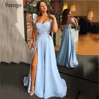 verngo elegant light blue satin long evening dresses short cap sleeves sweetheart floral printed side slit formal prom gowns