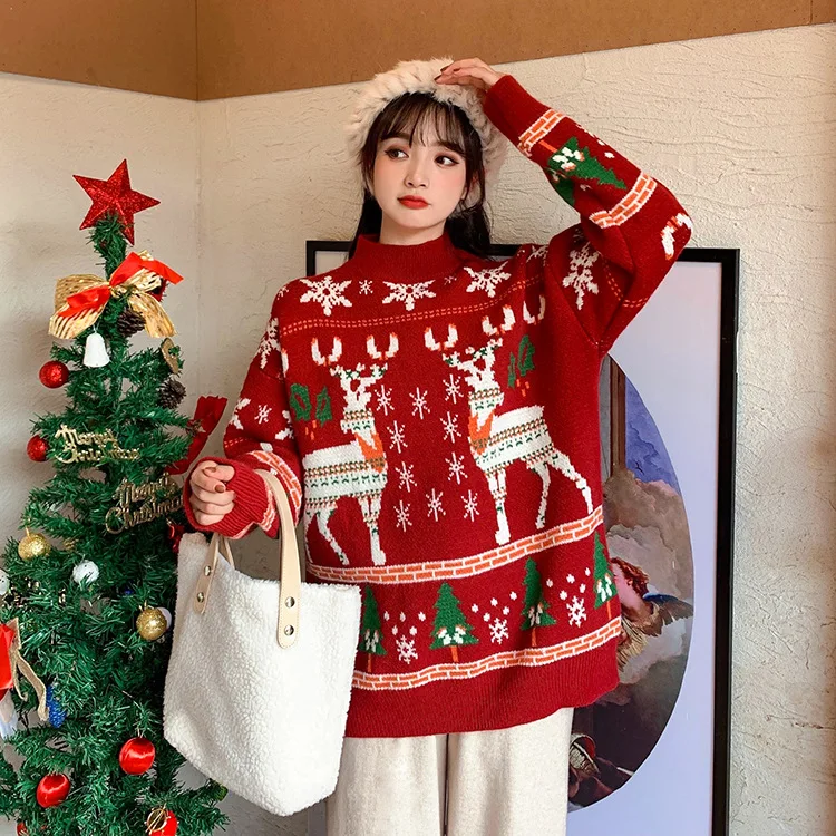 

Christmas Sweater Oversize Women's Sweaters 2021 Korean Fashion Moose Red Sweater Women Thick Winter New Loose Outerwear Jumper