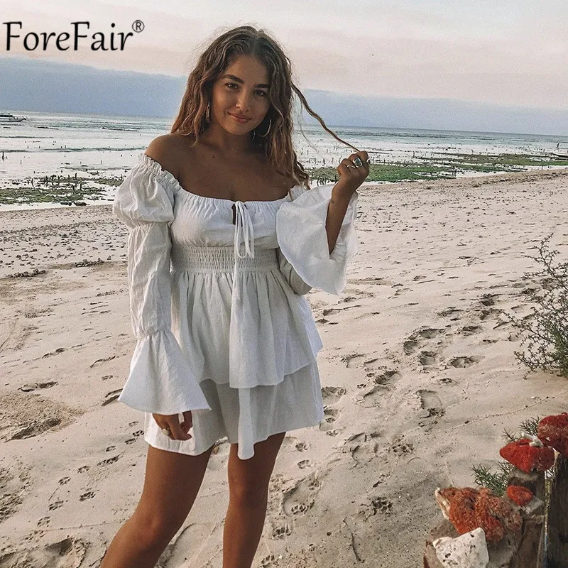 Forefair с открытыми плечами рюшами с пышными рукавами Boho Платье Белое Женское с рюшами пляжное платье без бретелек повседневное хлопковое с длинным рукавом Сарафаны