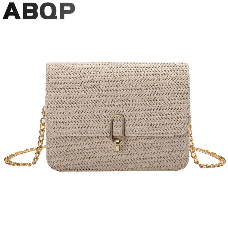 

ABQP Straw Bags For Women 2021 New Designed Metal Chains Female Summer Shoulder Bag Solid Color Women's Beach Straw Handbag