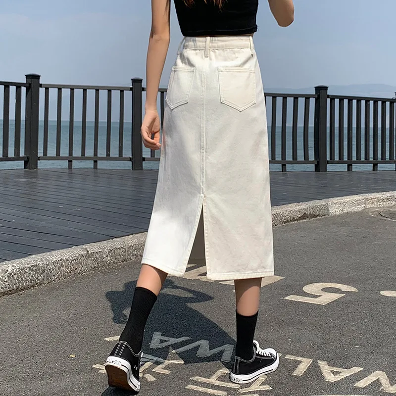 

Fashion Love Heart Embroidery Long Back Split Denim Skirts Women 2021 Spring Summer High-Waisted Vintage Female Clothing T152