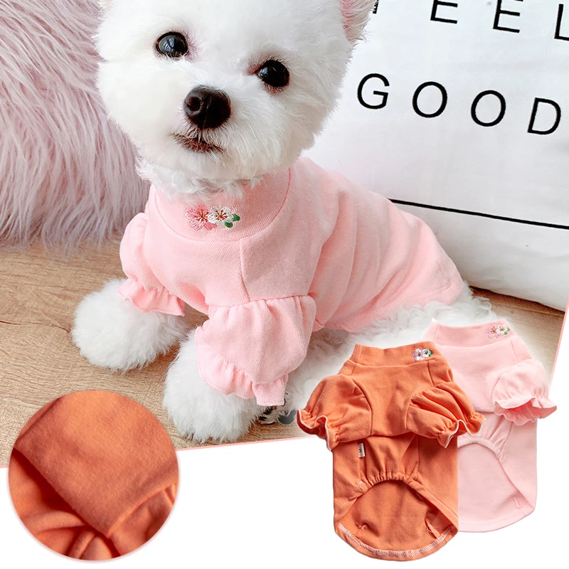 

Pet Warm Puff Sleeve Clothes Pink Embroidery Flower Shirt For Small Dog Cat Puppy Teddy Chihuahua Coats Cotton Dog Clothing