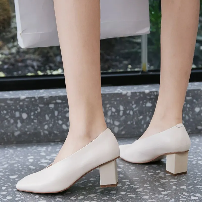 

KemeKiss Square Toe Solid Color Women Pumps Thick Heel Slip On Shallow Women Shoes Spring New Office Party Footwear Size 34-40