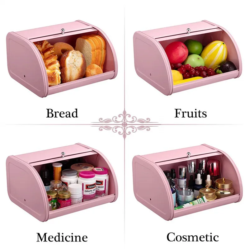 

Pink Creative Home with Roll Top Stainless Steel Box Metal Bread Storage Box Kitchen Storage Kitchen Gadgets and Accessories