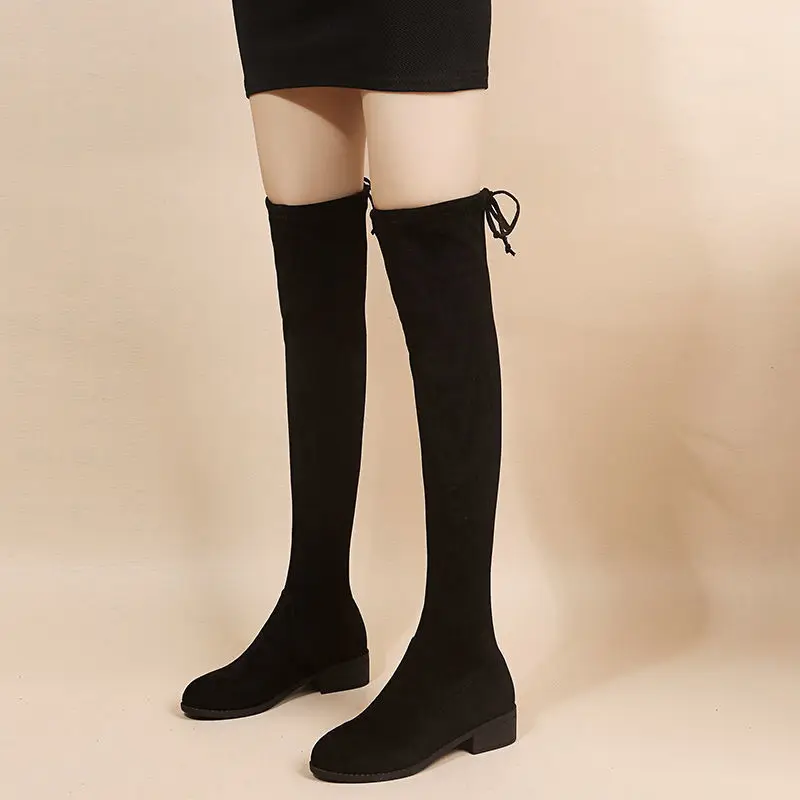 

Long boots women's Plush autumn and winter new thick heel versatile show thin high heel over knee boots elastic boots small tall