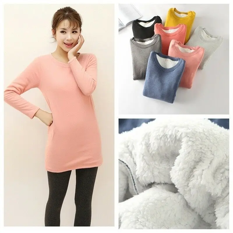 

Women Cotton Thermal Pullover Jumper Thick Fleece Lined Winter Warmer Top Blouse