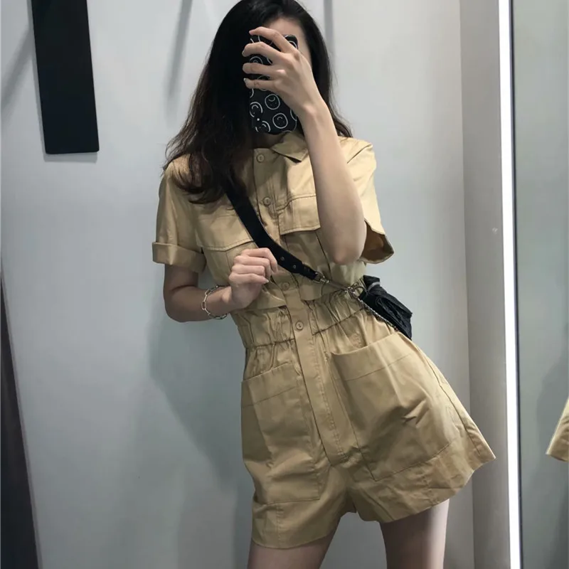 

2021 Summer Fashion Style Women Playsuit Jumpsuit Rompers Overalls Khaki Casual Playsuit New Arrival Solid Feminino High Waist