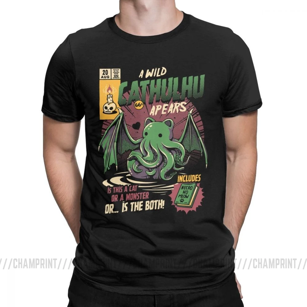 A Wild Cthulhu, футболки для мужчин, чистый хлопок, Повседневная футболка, кот, монстр, череп, Мультяшные топы, Милые Забавные футболки, Новое поступление - Цвет: Черный