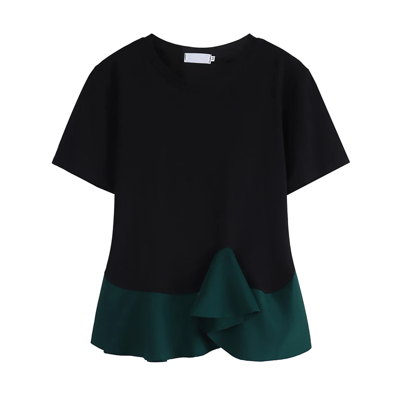 

Irregular Green Ruffled Hem Patch Short Sleeve Cotton T-shirt Women 2021 Spring and Summer Korean Style Loose Girls Ladies Tee
