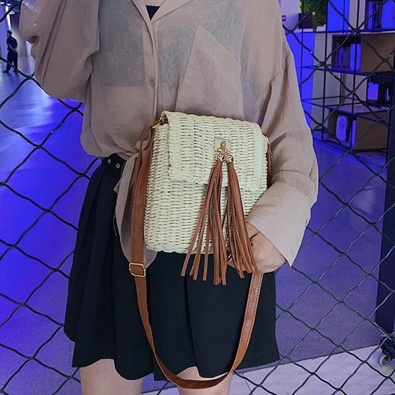 Женская Соломенная Сумка на бретельках с кисточками сумка-мессенджер пляжная