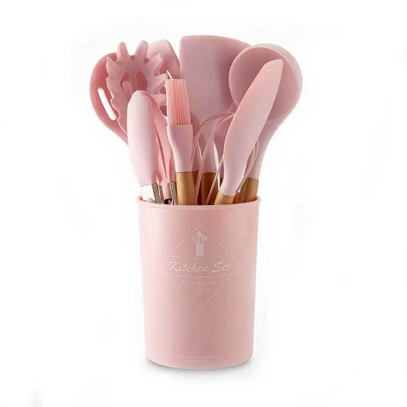 New Solid Wood Handle With Storage Bucket Pink Silicone Kitchenware Color Kitchen Utility Tool |