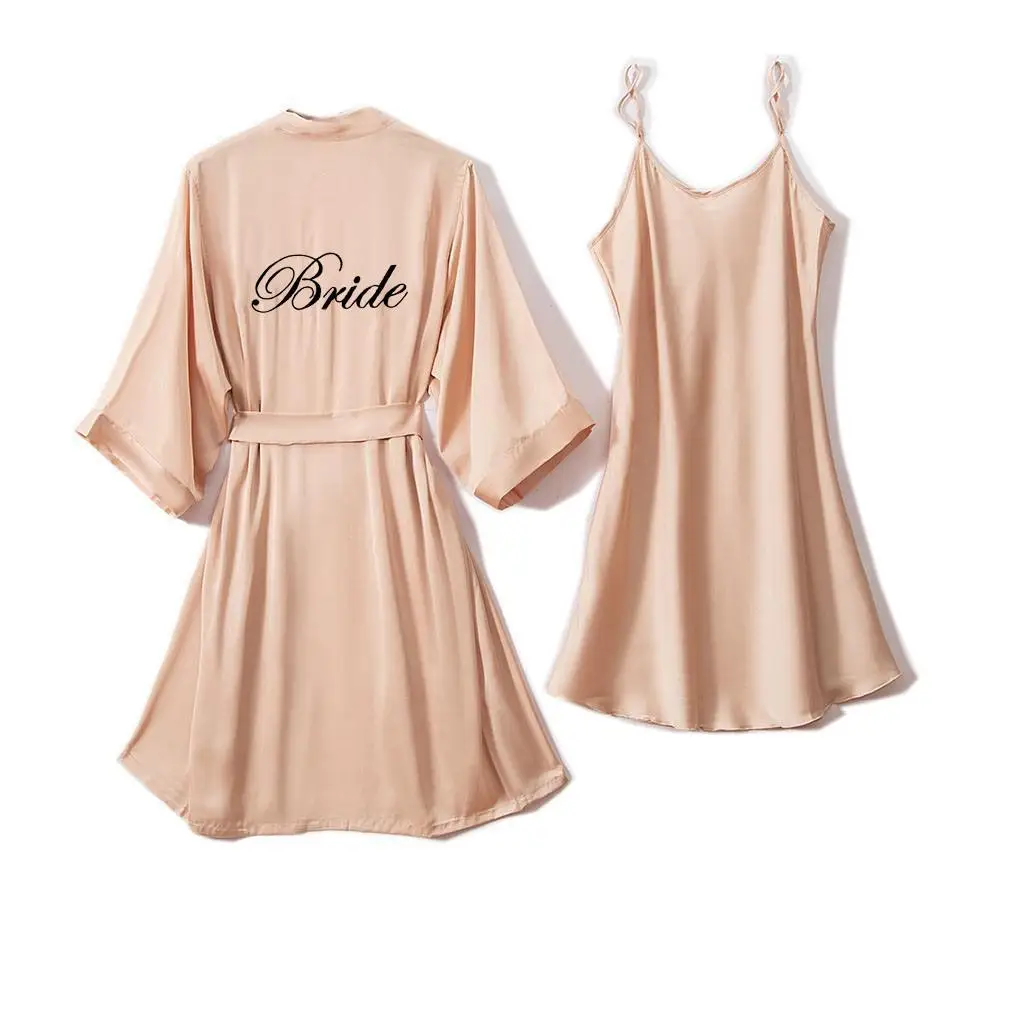 Women Champagne Bride Bridesmaid Wedding Sleepwear 2PCS Kimono Bathrobe Gown Embroidery Casual Nightgown Intimate Lingerie