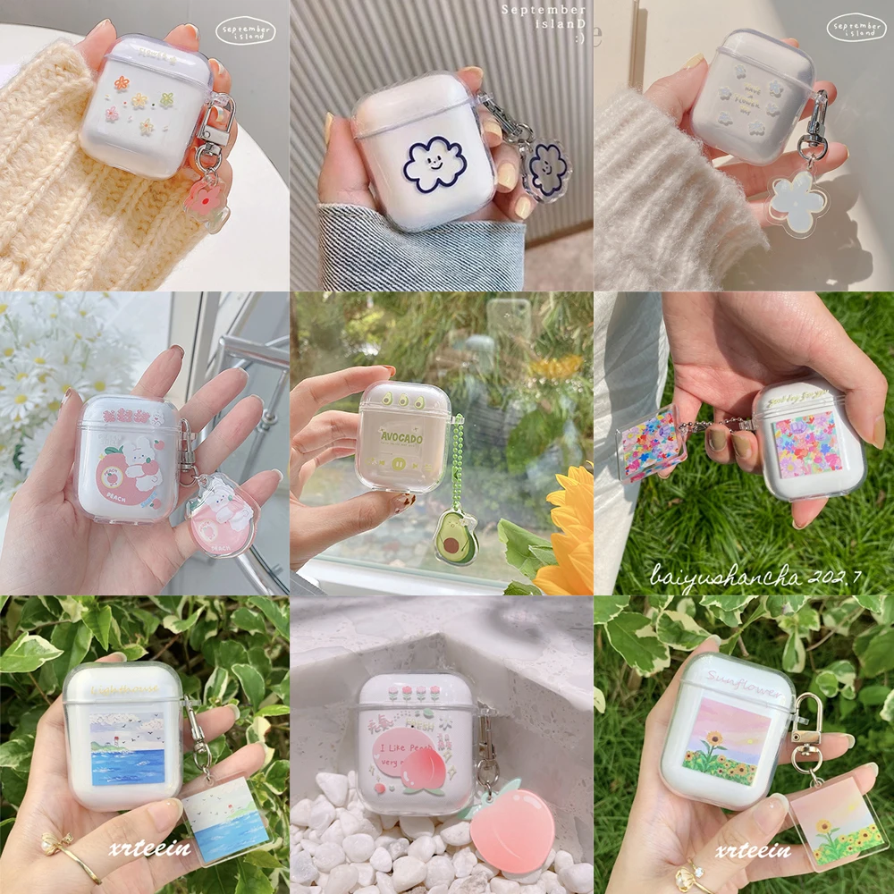 

Fresh 3D Flower Fruit Sky Case for Apple Airpods 1 2 Case with KeyChain for AirPods Pro Earphone Accessories Transparent Case