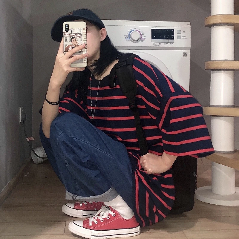

Korean Kpop Fashion Rainbow Stripe Long Sleeve T-Shirt Couple Emo Urban Top Goth 90s Tee Oversize Grunge Clothes Y2k Woman 2021