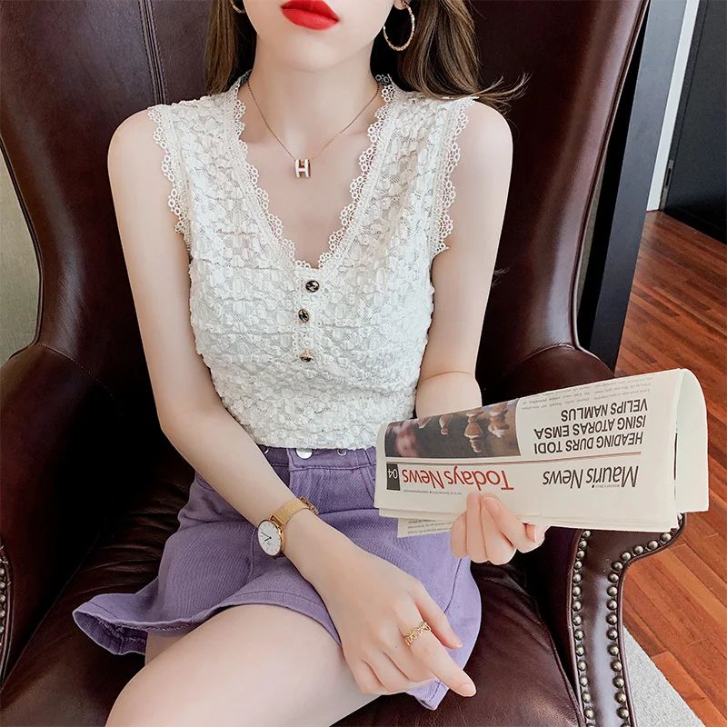 

Женский топ без рукавов Gallus, облегающая Базовая шифоновая кружевная рубашка в Корейском стиле, верхняя одежда с V-образным вырезом в западно...