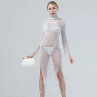 mesh rhinestone decor dress long skirt 2021 womens sexy elegant nightclub sandy beach banquet party diamond bling body jewelry