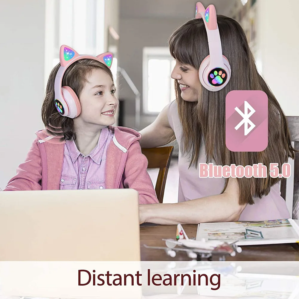 Cute Cat Ears Bluetooth LED Wireless Headphones with Mic Can control Kid Girl Stereo Music Helmet Phone Headset Gift | Электроника
