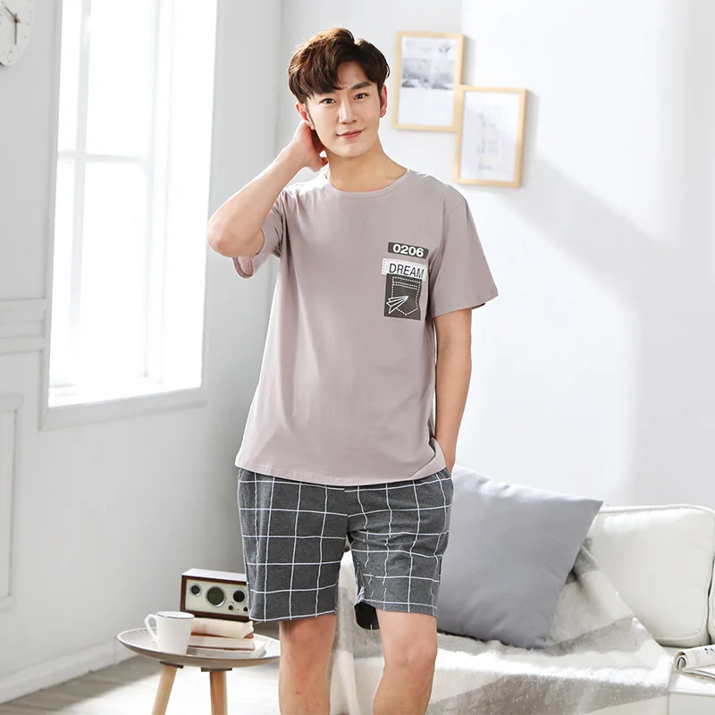 Пижамный комплект мужской хлопок короткий рукав ночная рубашка полосатая