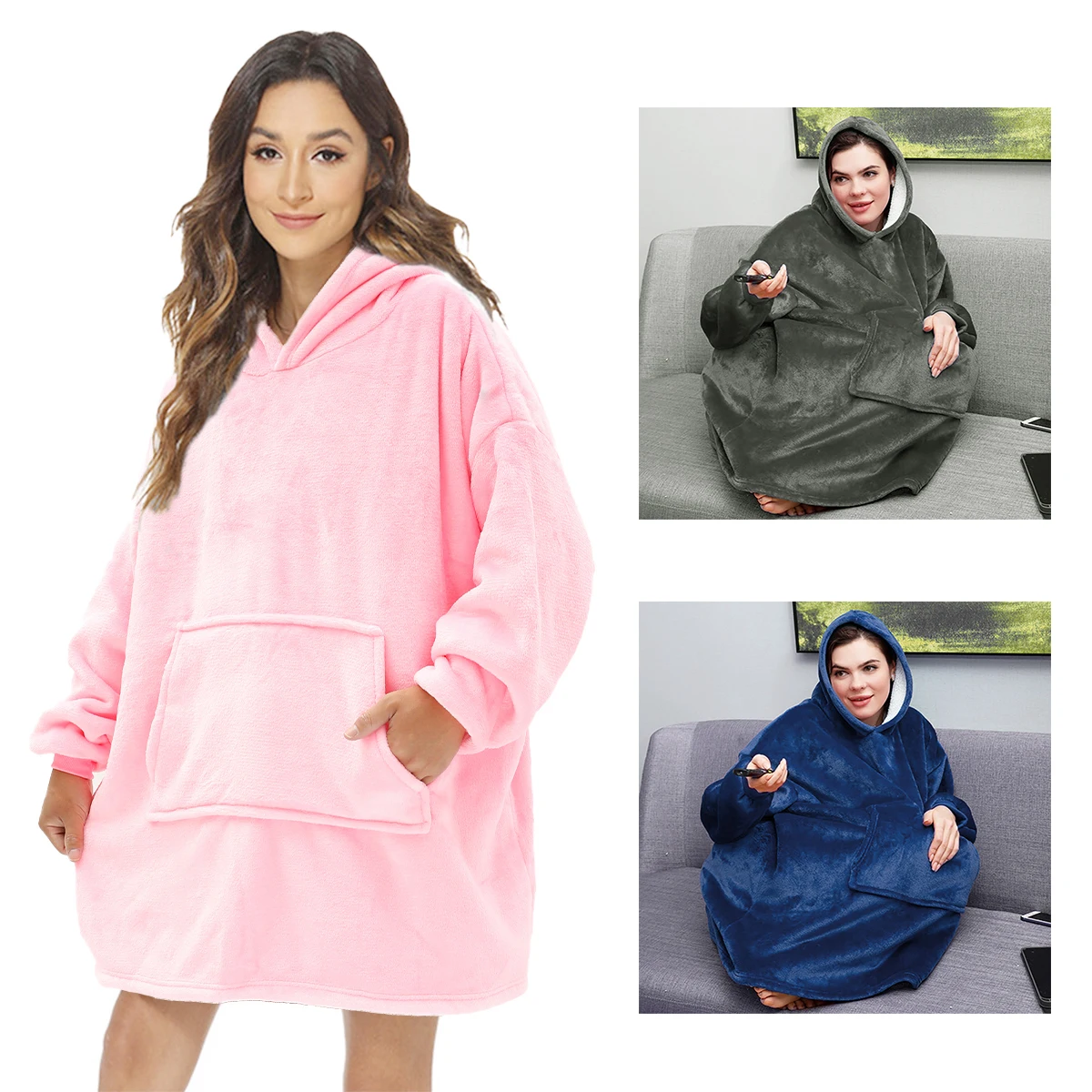 

Oversized Winter Warm Hoodie Microfiber Hoodie Warm Comfortable Wearable Blanket with Sleeve Hoodie Washable Pink Blue Gray